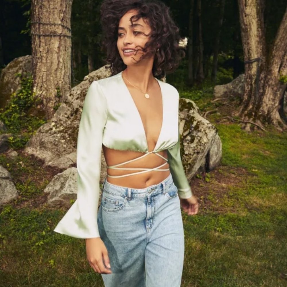 Dynamite Pastel Green Satin Wrap Top - Picture 3 of 12